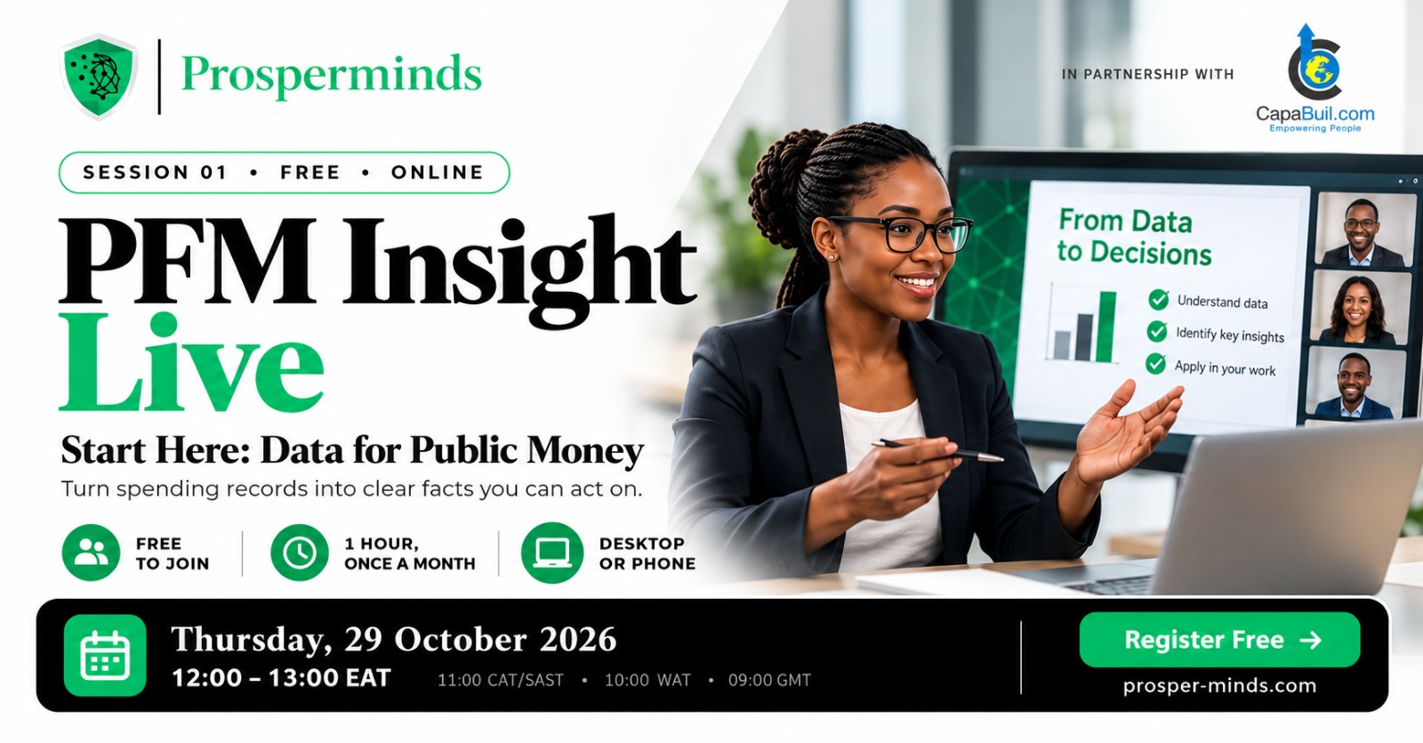 Poster: PFM Insight Live, Session 01, Start Here: Data for Public Money. Thursday 29 October 2026, 12:00 to 13:00 EAT. Free and online.